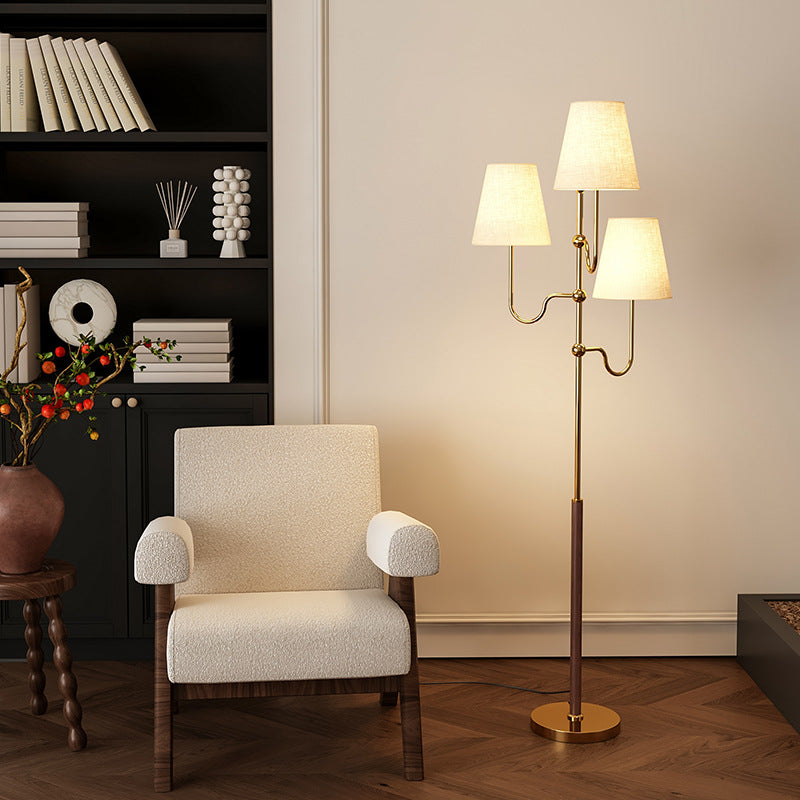 Traditional French Cone Iron Fabric Wood Floor Lamp - 3-Light Design for Bedroom