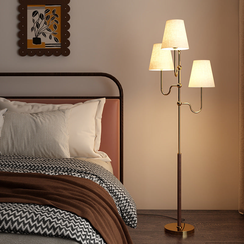 Traditional French Cone Iron Fabric Wood Floor Lamp - 3-Light Design for Bedroom