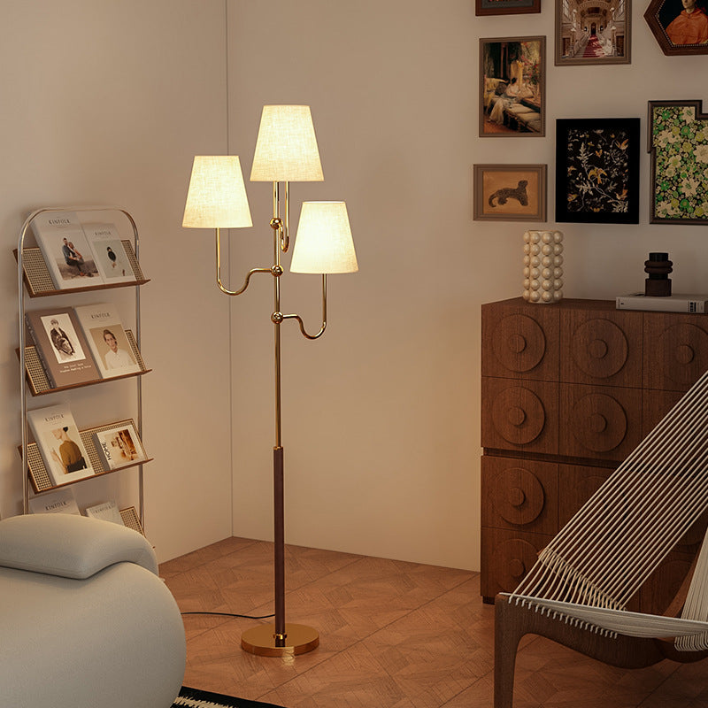 Traditional French Cone Iron Fabric Wood Floor Lamp - 3-Light Design for Bedroom