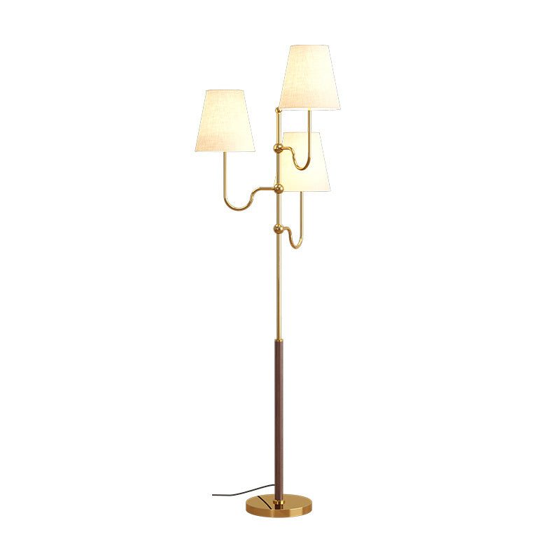 Traditional French Cone Iron Fabric Wood Floor Lamp - 3-Light Design for Bedroom