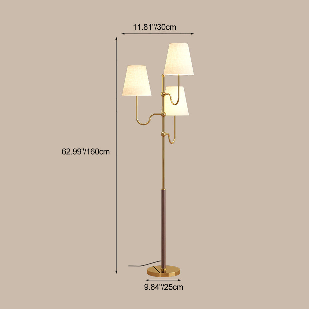 Traditional French Cone Iron Fabric Wood Floor Lamp - 3-Light Design for Bedroom