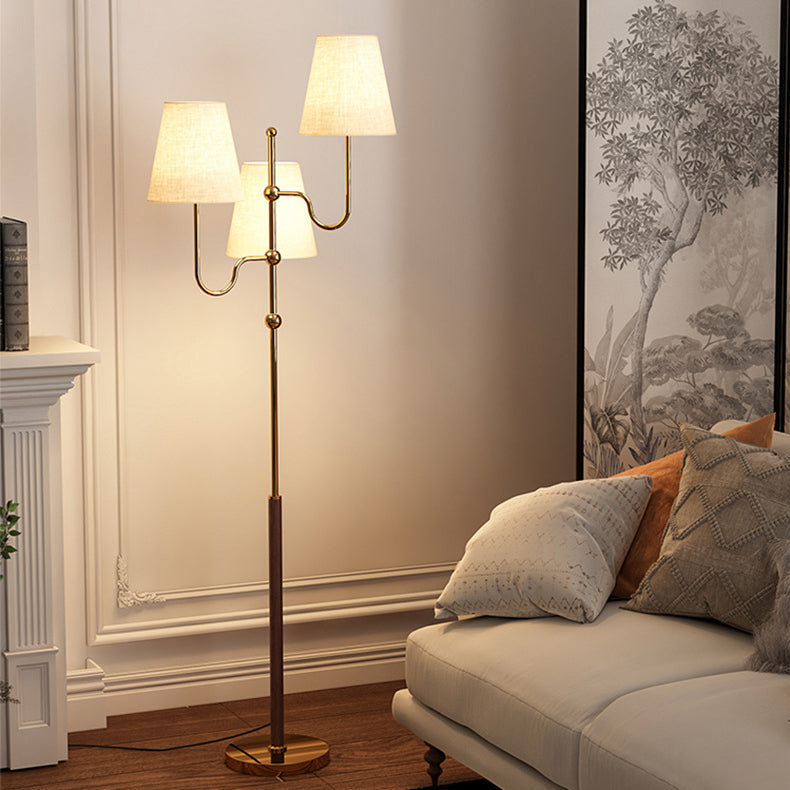 Traditional French Cone Iron Fabric Wood Floor Lamp - 3-Light Design for Bedroom