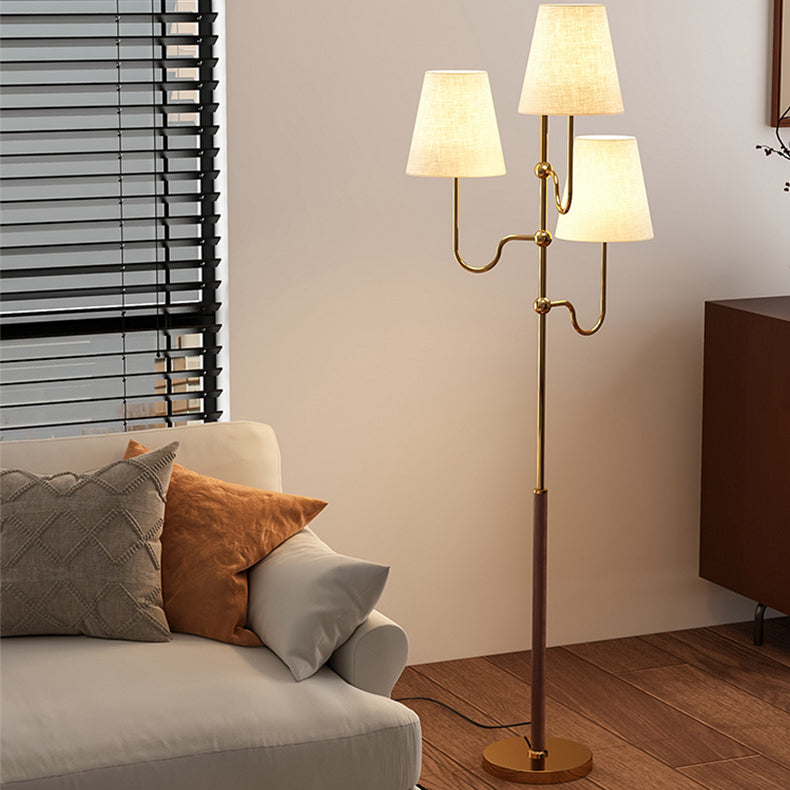 Traditional French Cone Iron Fabric Wood Floor Lamp - 3-Light Design for Bedroom