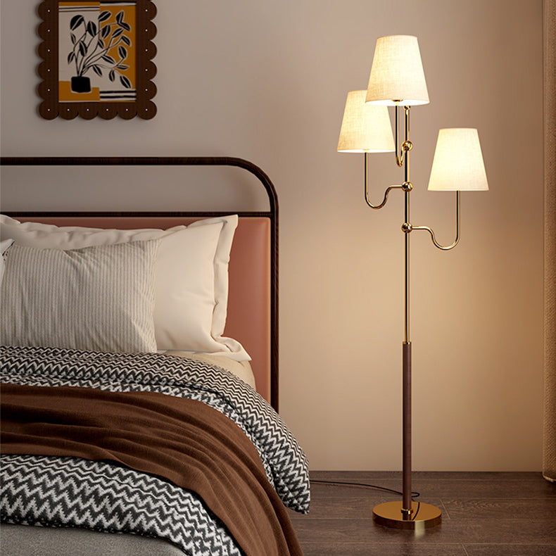 Traditional French Cone Iron Fabric Wood Floor Lamp - 3-Light Design for Bedroom