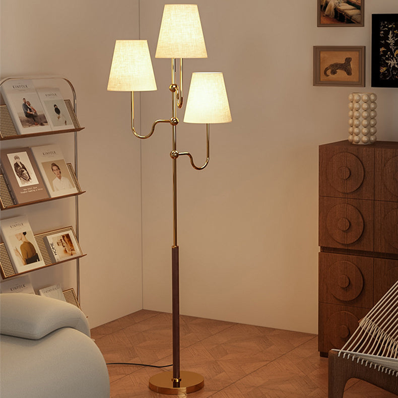 Traditional French Cone Iron Fabric Wood Floor Lamp - 3-Light Design for Bedroom