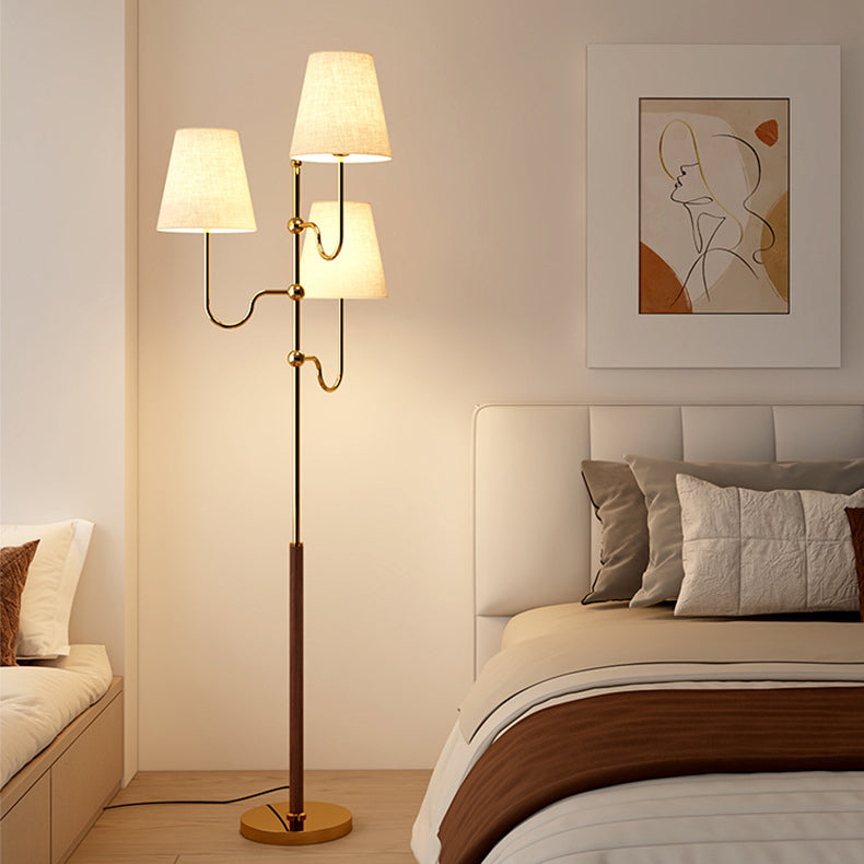 Traditional French Cone Iron Fabric Wood Floor Lamp - 3-Light Design for Bedroom