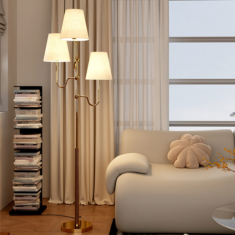 Traditional French Cone Iron Fabric Wood Floor Lamp - 3-Light Design for Bedroom