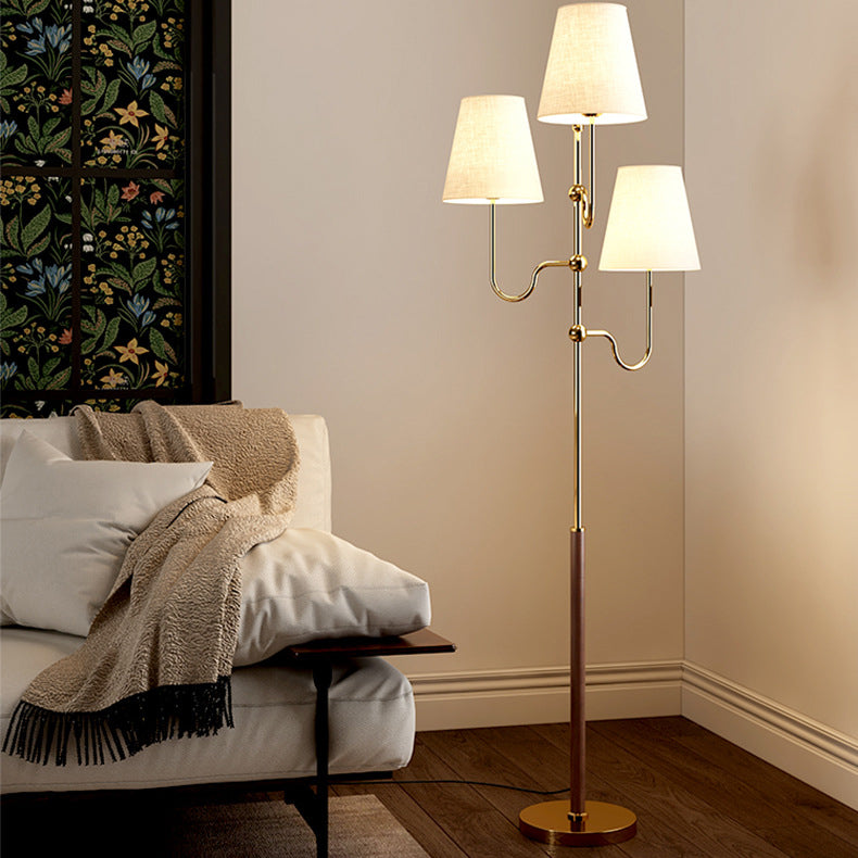 Traditional French Cone Iron Fabric Wood Floor Lamp - 3-Light Design for Bedroom