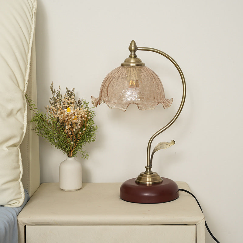 Modern Mid-Century Flower Iron Glass 1-Light Table Lamp for Bedroom - Stylish Bedside Lighting, Contemporary Home Decor, Floral Design Accent Lamp, Adjustable Height Nightstand Light, Elegant Glass Shade, Retro Table Lamp for Living Room and Office