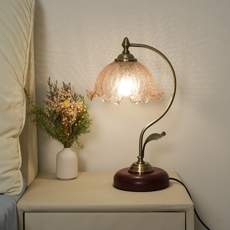 Modern Mid-Century Flower Iron Glass 1-Light Table Lamp for Bedroom - Stylish Bedside Lighting, Contemporary Home Decor, Floral Design Accent Lamp, Adjustable Height Nightstand Light, Elegant Glass Shade, Retro Table Lamp for Living Room and Office