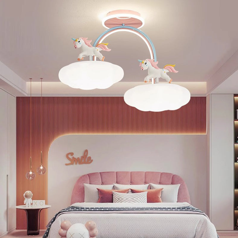 Contemporary Kids Pony Iron Resin Acrylic LED Semi-Flush Mount Ceiling Light for Bedroom, Modern Children’s Lighting Fixture, Stylish Pony-Themed Room Decor, Energy-Efficient LED Ceiling Fixture, Playful Bedroom Lighting, Home Decor for Kidsrooms, Cute Po