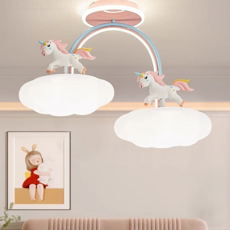 Contemporary Kids Pony Iron Resin Acrylic LED Semi-Flush Mount Ceiling Light for Bedroom, Modern Children’s Lighting Fixture, Stylish Pony-Themed Room Decor, Energy-Efficient LED Ceiling Fixture, Playful Bedroom Lighting, Home Decor for Kidsrooms, Cute Po