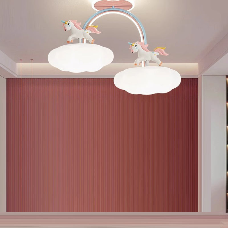 Contemporary Kids Pony Iron Resin Acrylic LED Semi-Flush Mount Ceiling Light for Bedroom, Modern Children’s Lighting Fixture, Stylish Pony-Themed Room Decor, Energy-Efficient LED Ceiling Fixture, Playful Bedroom Lighting, Home Decor for Kidsrooms, Cute Po
