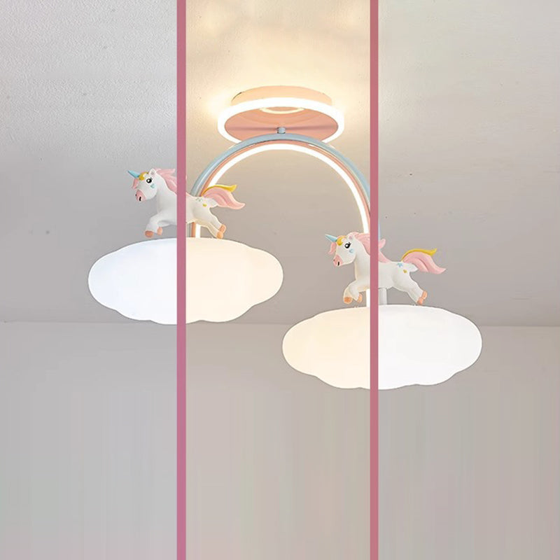 Contemporary Kids Pony Iron Resin Acrylic LED Semi-Flush Mount Ceiling Light for Bedroom, Modern Children’s Lighting Fixture, Stylish Pony-Themed Room Decor, Energy-Efficient LED Ceiling Fixture, Playful Bedroom Lighting, Home Decor for Kidsrooms, Cute Po
