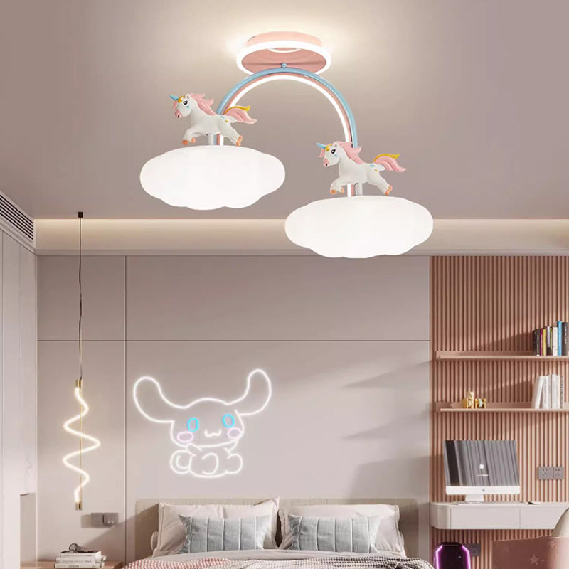 Contemporary Kids Pony Iron Resin Acrylic LED Semi-Flush Mount Ceiling Light for Bedroom, Modern Children’s Lighting Fixture, Stylish Pony-Themed Room Decor, Energy-Efficient LED Ceiling Fixture, Playful Bedroom Lighting, Home Decor for Kidsrooms, Cute Po