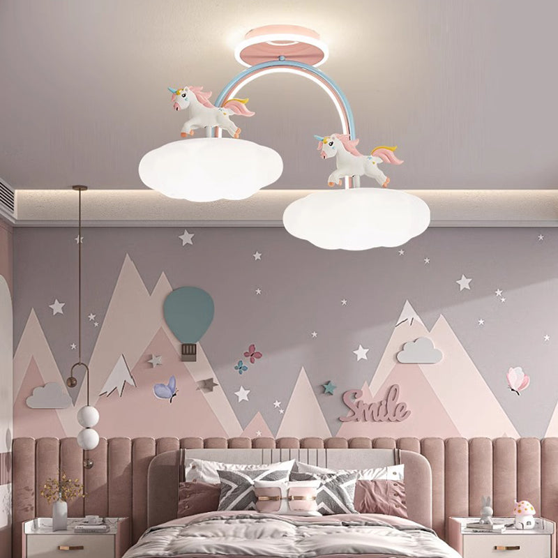 Contemporary Kids Pony Iron Resin Acrylic LED Semi-Flush Mount Ceiling Light for Bedroom, Modern Children’s Lighting Fixture, Stylish Pony-Themed Room Decor, Energy-Efficient LED Ceiling Fixture, Playful Bedroom Lighting, Home Decor for Kidsrooms, Cute Po