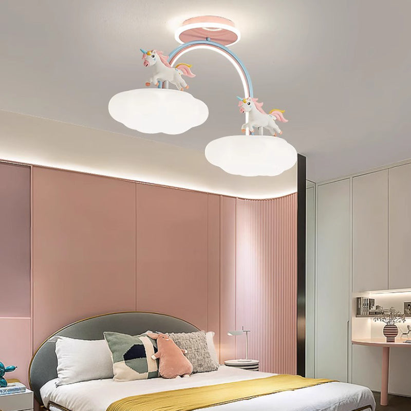 Contemporary Kids Pony Iron Resin Acrylic LED Semi-Flush Mount Ceiling Light for Bedroom, Modern Children’s Lighting Fixture, Stylish Pony-Themed Room Decor, Energy-Efficient LED Ceiling Fixture, Playful Bedroom Lighting, Home Decor for Kidsrooms, Cute Po