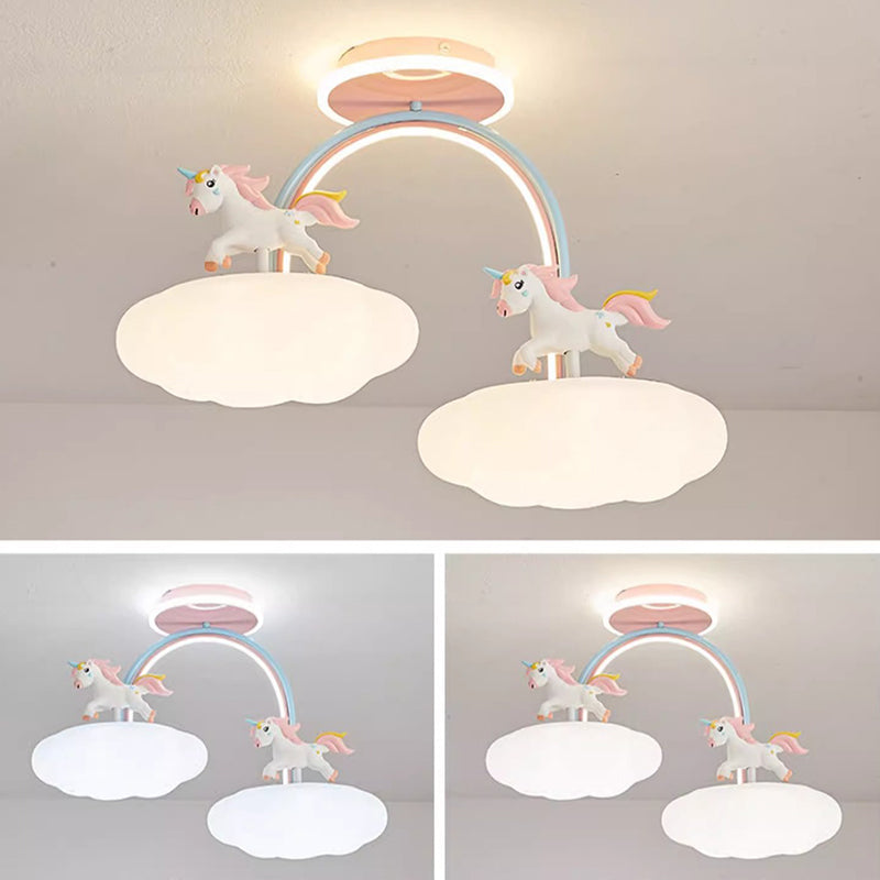 Contemporary Kids Pony Iron Resin Acrylic LED Semi-Flush Mount Ceiling Light for Bedroom, Modern Children’s Lighting Fixture, Stylish Pony-Themed Room Decor, Energy-Efficient LED Ceiling Fixture, Playful Bedroom Lighting, Home Decor for Kidsrooms, Cute Po