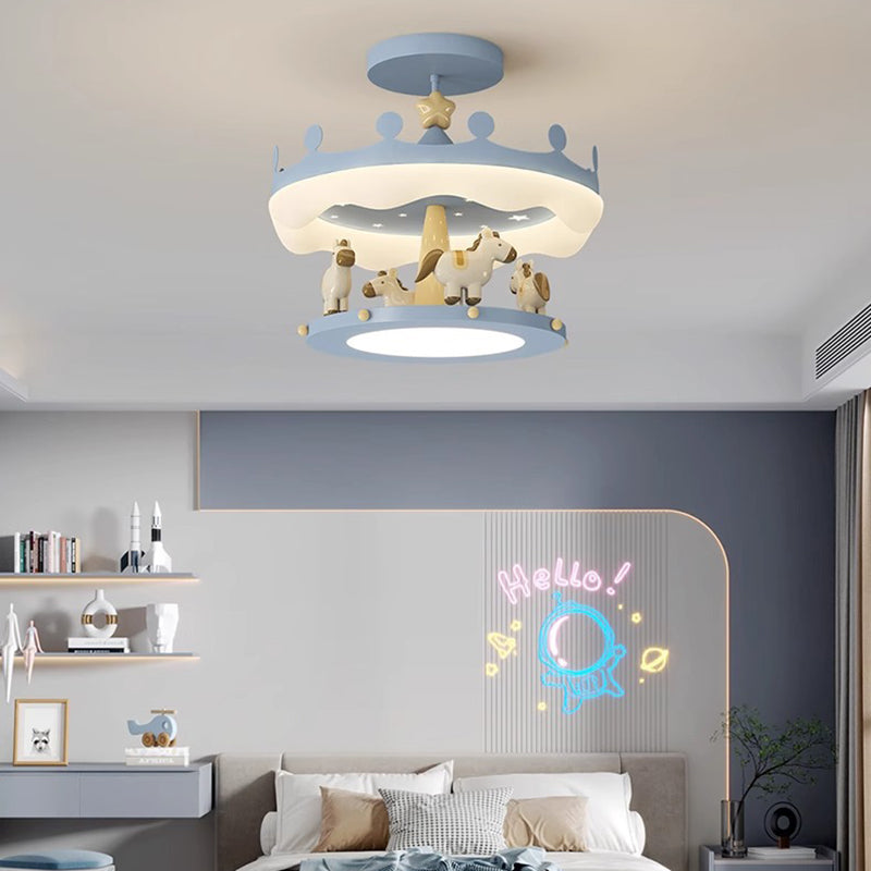 Modern Eclectic Kids Carousel Iron PE LED Semi-Flush Mount Ceiling Light Bedroom Fixture, Colorful Playful Design, Childrens Room Lighting, Nursery Decor, Adjustable Brightness, Energy-Efficient Illumination, Whimsical Ceiling Lamp for Kids Spaces