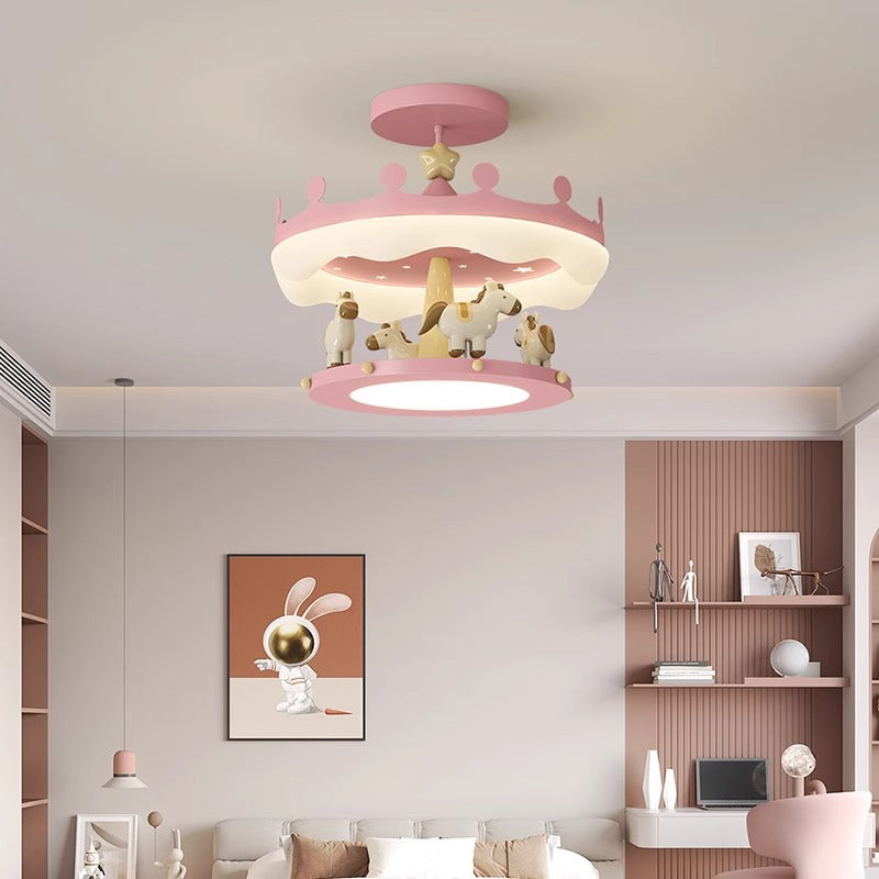 Modern Eclectic Kids Carousel Iron PE LED Semi-Flush Mount Ceiling Light Bedroom Fixture, Colorful Playful Design, Childrens Room Lighting, Nursery Decor, Adjustable Brightness, Energy-Efficient Illumination, Whimsical Ceiling Lamp for Kids Spaces