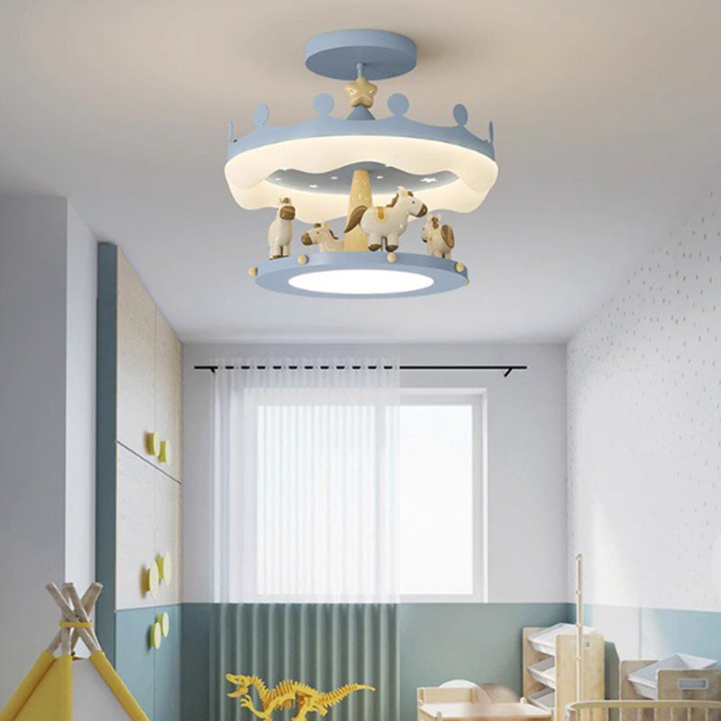Modern Eclectic Kids Carousel Iron PE LED Semi-Flush Mount Ceiling Light Bedroom Fixture, Colorful Playful Design, Childrens Room Lighting, Nursery Decor, Adjustable Brightness, Energy-Efficient Illumination, Whimsical Ceiling Lamp for Kids Spaces