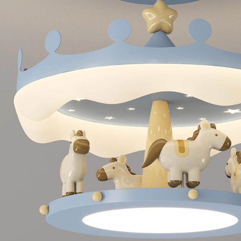 Modern Eclectic Kids Carousel Iron PE LED Semi-Flush Mount Ceiling Light Bedroom Fixture, Colorful Playful Design, Childrens Room Lighting, Nursery Decor, Adjustable Brightness, Energy-Efficient Illumination, Whimsical Ceiling Lamp for Kids Spaces
