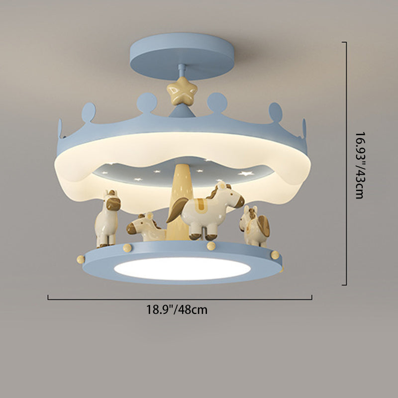 Modern Eclectic Kids Carousel Iron PE LED Semi-Flush Mount Ceiling Light Bedroom Fixture, Colorful Playful Design, Childrens Room Lighting, Nursery Decor, Adjustable Brightness, Energy-Efficient Illumination, Whimsical Ceiling Lamp for Kids Spaces