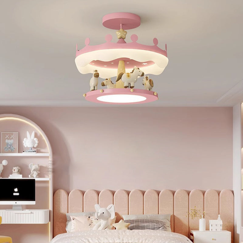 Modern Eclectic Kids Carousel Iron PE LED Semi-Flush Mount Ceiling Light Bedroom Fixture, Colorful Playful Design, Childrens Room Lighting, Nursery Decor, Adjustable Brightness, Energy-Efficient Illumination, Whimsical Ceiling Lamp for Kids Spaces