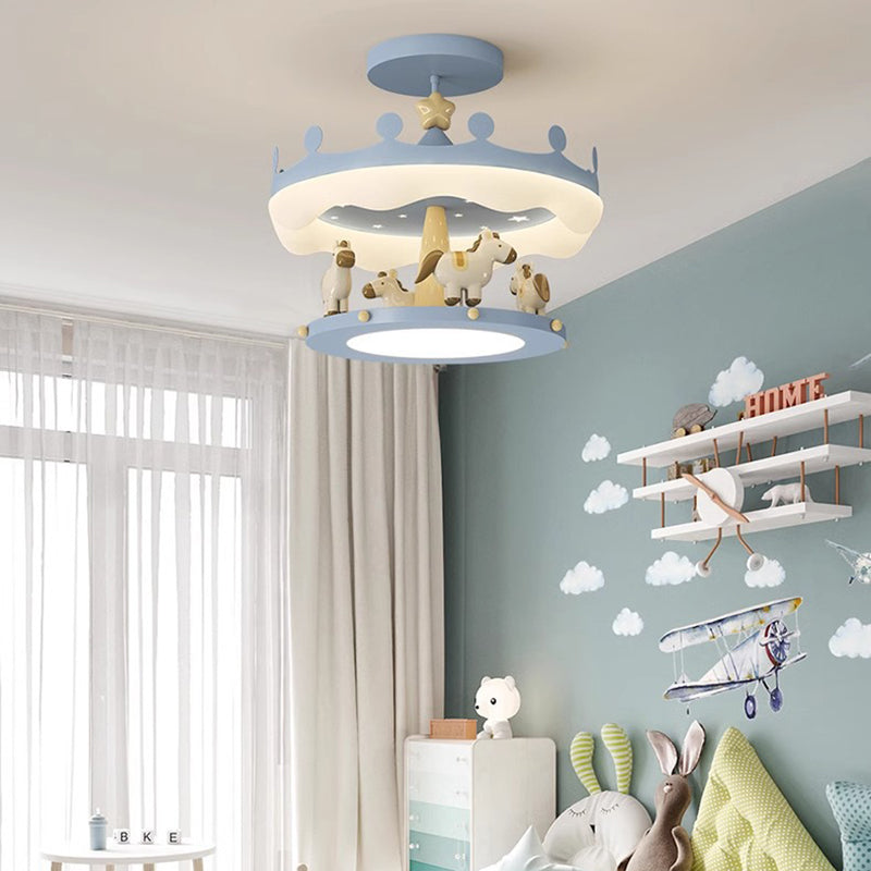 Modern Eclectic Kids Carousel Iron PE LED Semi-Flush Mount Ceiling Light Bedroom Fixture, Colorful Playful Design, Childrens Room Lighting, Nursery Decor, Adjustable Brightness, Energy-Efficient Illumination, Whimsical Ceiling Lamp for Kids Spaces