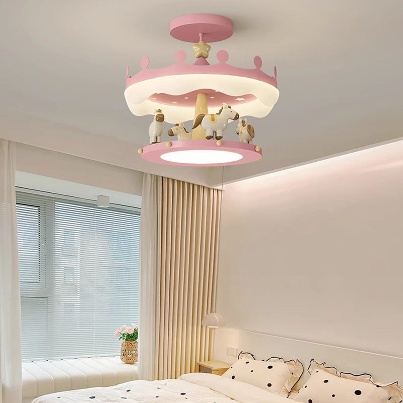 Modern Eclectic Kids Carousel Iron PE LED Semi-Flush Mount Ceiling Light Bedroom Fixture, Colorful Playful Design, Childrens Room Lighting, Nursery Decor, Adjustable Brightness, Energy-Efficient Illumination, Whimsical Ceiling Lamp for Kids Spaces
