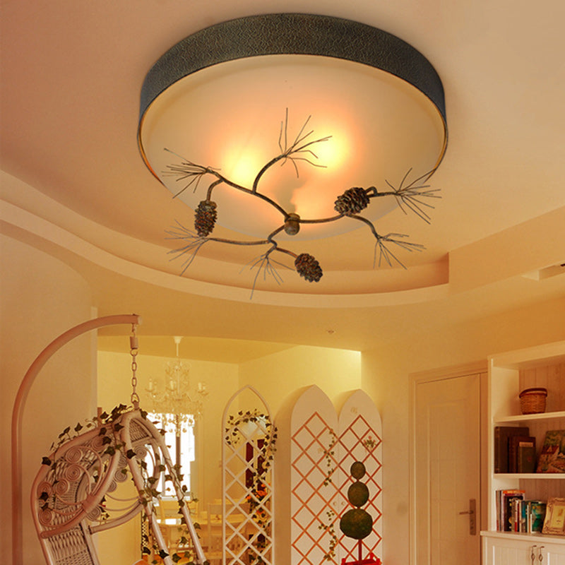 Traditional Farmhouse Pine Cone Flush Mount Ceiling Light Fixture for Living Room - 2/3 Light Metal & Glass