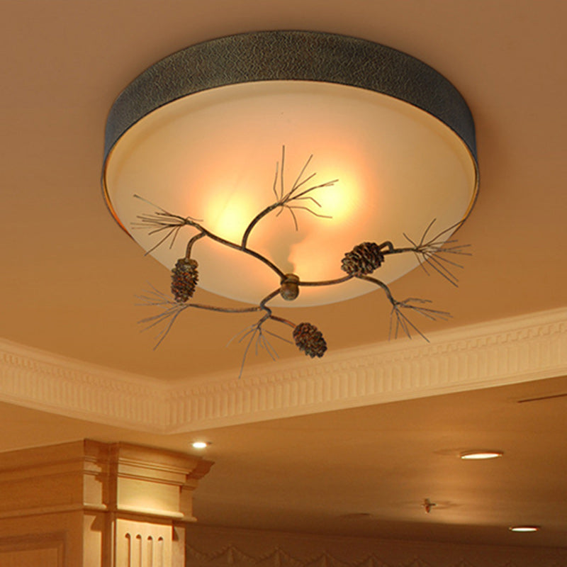 Traditional Farmhouse Pine Cone Flush Mount Ceiling Light Fixture for Living Room - 2/3 Light Metal & Glass