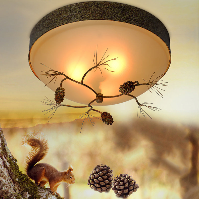 Traditional Farmhouse Pine Cone Flush Mount Ceiling Light Fixture for Living Room - 2/3 Light Metal & Glass