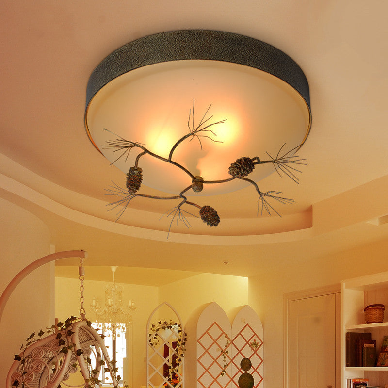 Traditional Farmhouse Pine Cone Flush Mount Ceiling Light Fixture for Living Room - 2/3 Light Metal & Glass