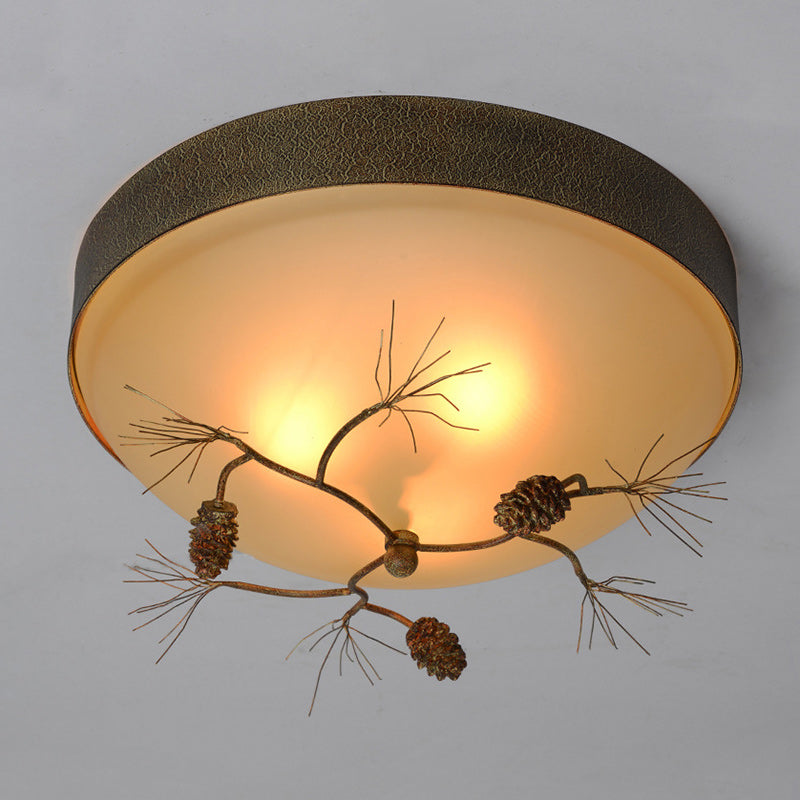 Traditional Farmhouse Pine Cone Flush Mount Ceiling Light Fixture for Living Room - 2/3 Light Metal & Glass