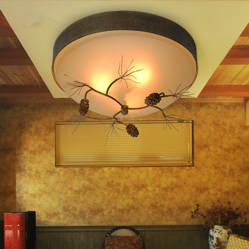 Traditional Farmhouse Pine Cone Flush Mount Ceiling Light Fixture for Living Room - 2/3 Light Metal & Glass