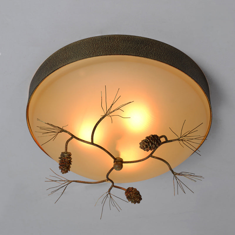 Traditional Farmhouse Pine Cone Flush Mount Ceiling Light Fixture for Living Room - 2/3 Light Metal & Glass
