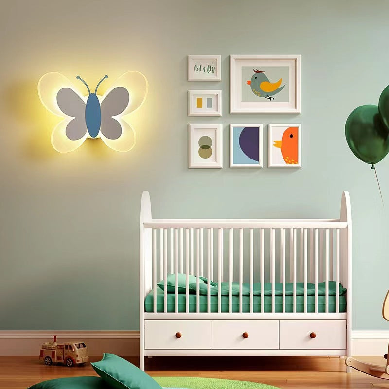 Cozy Modern Art Deco Butterfly Iron Acrylic LED Wall Sconce Lamp for Bedroom Kids Room Illuminated Decor Elegant Night Light Stylish Accent Lighting Indoor Home Decor Unique Gift for Children’s Room Playroom Nursery Wall Art