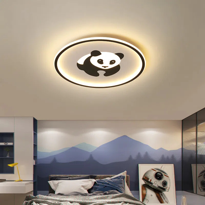 Contemporary Creative Iron Round Panda Kids LED Flush Mount Ceiling Light for Bedroom – Cute Panda Design Lighting, Modern Children’s Room Ceiling Fixture, Energy-Efficient LED Light, Playful Aesthetic for Kid’s Room Decor, Adjustable Brightness, Easy Ins