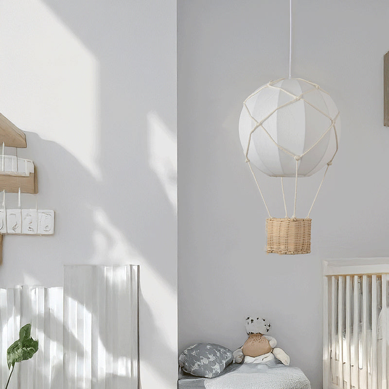 Modern Minimalist Kids Hot Air Balloon Pendant Light Fabric Iron Rattan Weaving 1-Light Fixture Bedroom Decor Childrens Lighting Trendy Nursery Design Cute Bedroom Aesthetic Unique Kids Room Illumination Stylish Hot Air Balloon Light Modern Kids Lighting