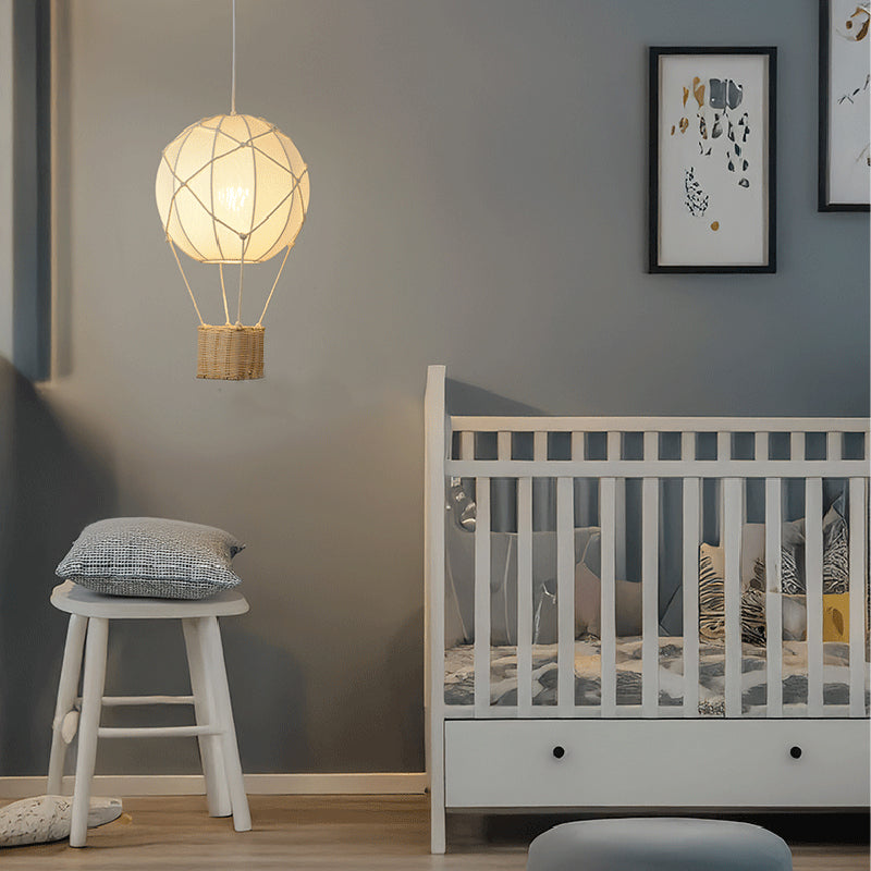 Modern Minimalist Kids Hot Air Balloon Pendant Light Fabric Iron Rattan Weaving 1-Light Fixture Bedroom Decor Childrens Lighting Trendy Nursery Design Cute Bedroom Aesthetic Unique Kids Room Illumination Stylish Hot Air Balloon Light Modern Kids Lighting