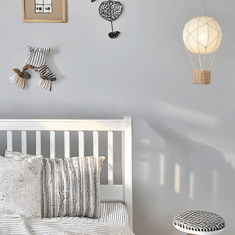 Modern Minimalist Kids Hot Air Balloon Pendant Light Fabric Iron Rattan Weaving 1-Light Fixture Bedroom Decor Childrens Lighting Trendy Nursery Design Cute Bedroom Aesthetic Unique Kids Room Illumination Stylish Hot Air Balloon Light Modern Kids Lighting