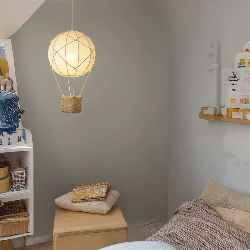 Modern Minimalist Kids Hot Air Balloon Pendant Light Fabric Iron Rattan Weaving 1-Light Fixture Bedroom Decor Childrens Lighting Trendy Nursery Design Cute Bedroom Aesthetic Unique Kids Room Illumination Stylish Hot Air Balloon Light Modern Kids Lighting
