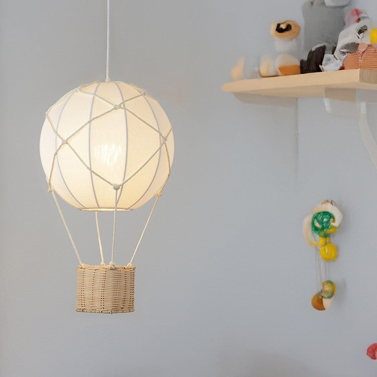 Modern Minimalist Kids Hot Air Balloon Pendant Light Fabric Iron Rattan Weaving 1-Light Fixture Bedroom Decor Childrens Lighting Trendy Nursery Design Cute Bedroom Aesthetic Unique Kids Room Illumination Stylish Hot Air Balloon Light Modern Kids Lighting