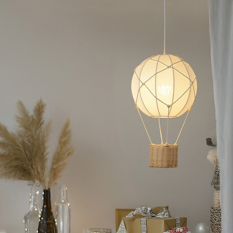 Modern Minimalist Kids Hot Air Balloon Pendant Light Fabric Iron Rattan Weaving 1-Light Fixture Bedroom Decor Childrens Lighting Trendy Nursery Design Cute Bedroom Aesthetic Unique Kids Room Illumination Stylish Hot Air Balloon Light Modern Kids Lighting