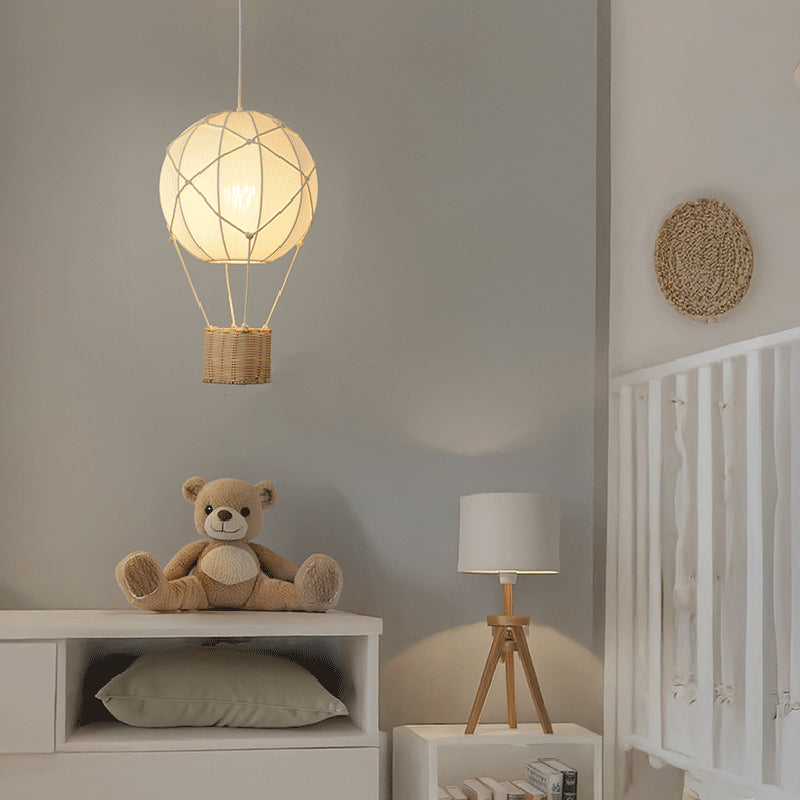 Modern Minimalist Kids Hot Air Balloon Pendant Light Fabric Iron Rattan Weaving 1-Light Fixture Bedroom Decor Childrens Lighting Trendy Nursery Design Cute Bedroom Aesthetic Unique Kids Room Illumination Stylish Hot Air Balloon Light Modern Kids Lighting