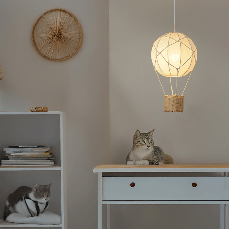 Modern Minimalist Kids Hot Air Balloon Pendant Light Fabric Iron Rattan Weaving 1-Light Fixture Bedroom Decor Childrens Lighting Trendy Nursery Design Cute Bedroom Aesthetic Unique Kids Room Illumination Stylish Hot Air Balloon Light Modern Kids Lighting