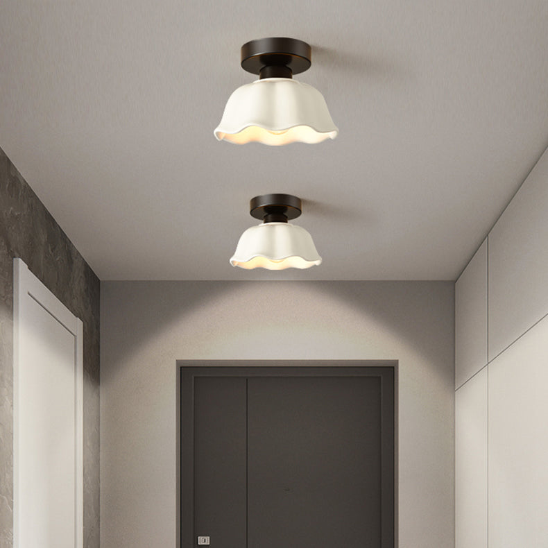Contemporary Nordic Flower Semi-Flush Mount Ceiling Light for Entryway - Iron, Glass, and Ceramic Design
