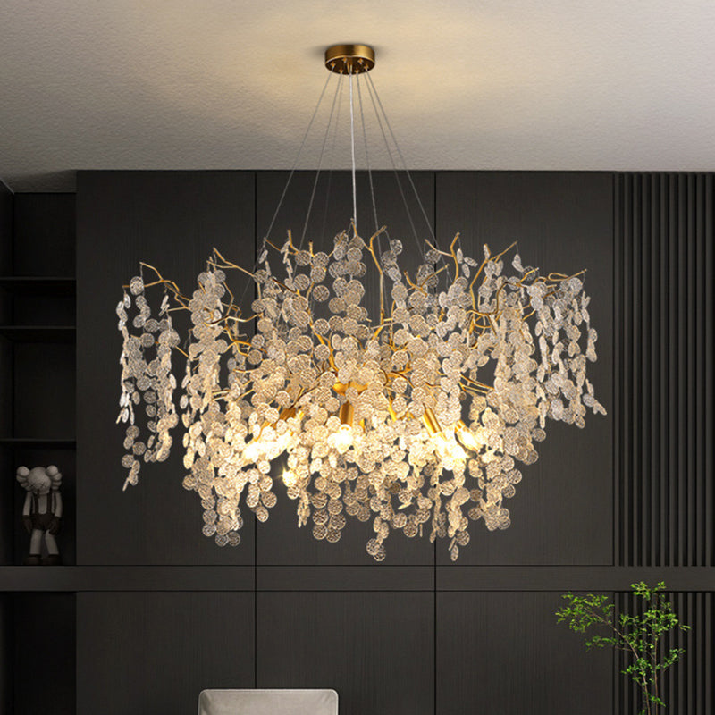 Contemporary Luxury Aluminum Crystal Chandelier - Round Leaves Branches Design, 9/10/12/14 Lights for Living Room