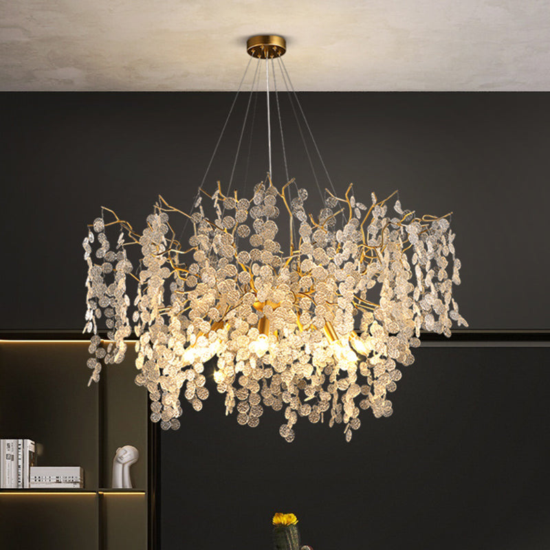 Contemporary Luxury Aluminum Crystal Chandelier - Round Leaves Branches Design, 9/10/12/14 Lights for Living Room
